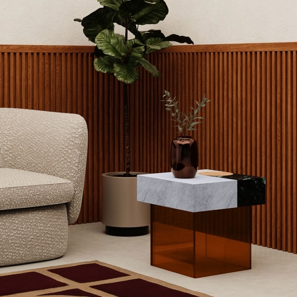 Atmos Side Table, Marble & Brown Acrylic