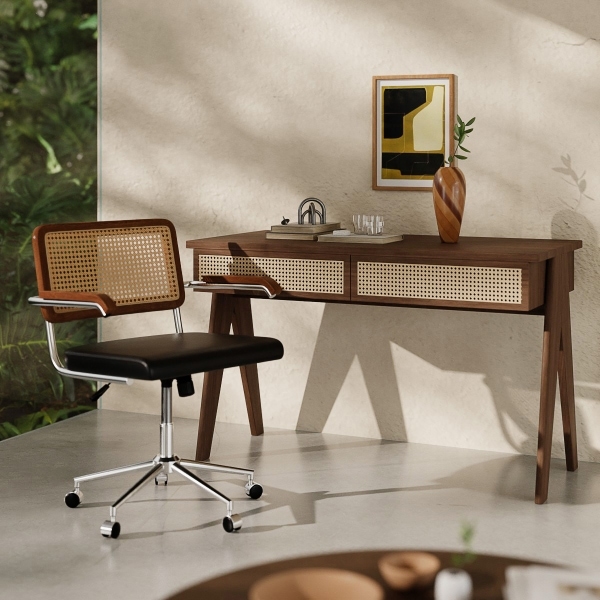 Campbell Large Office Desk, Walnut Effect & Cane