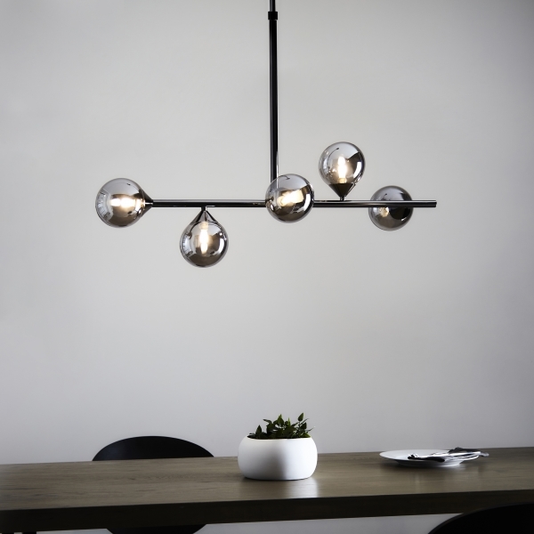 Elias Pendant Chandelier, Smokey Glass & Chrome Black