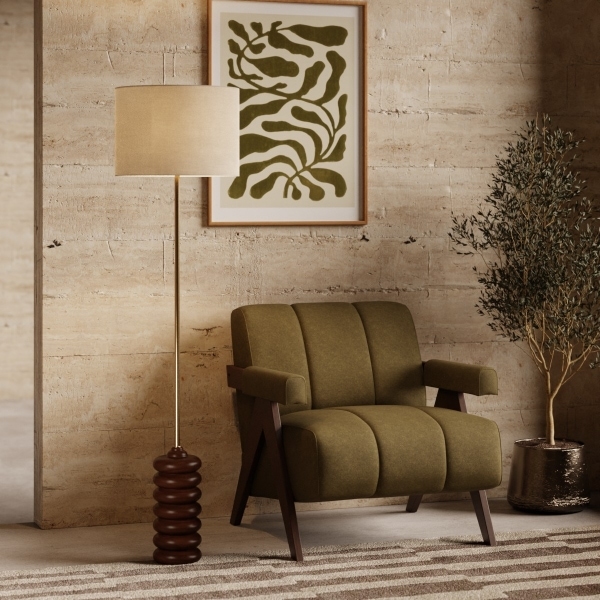 Elodie Floor Lamp, White Linen & Walnut