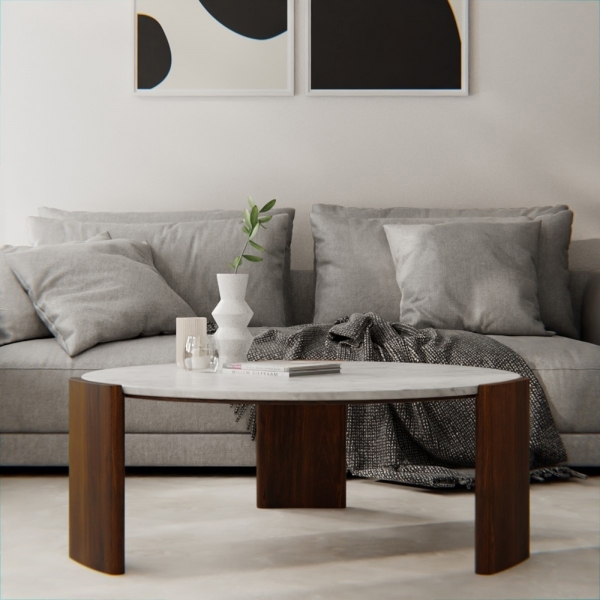 Emil Round Coffee Table, Dark Mango Wood & White Marble