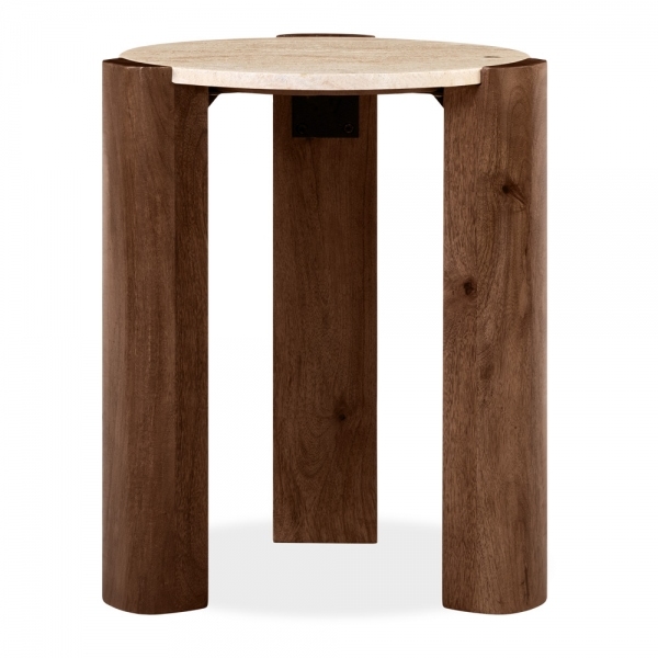 Emil Round Side Table, Dark Mango Wood & Travertine