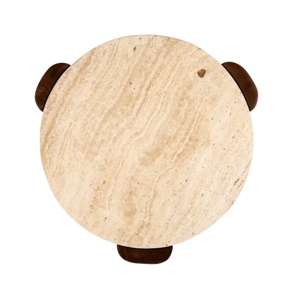 Emil Round Side Table, Dark Mango Wood & Travertine
