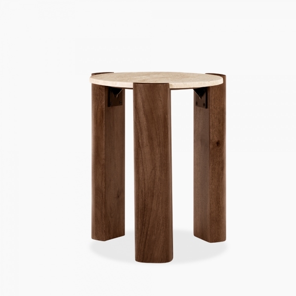 Emil Round Side Table, Dark Mango Wood & Travertine