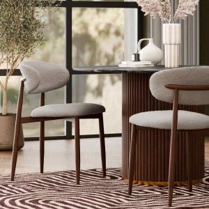Halston Dining Chair, Speckled Stone Sustainable Boucle & Walnut Effect