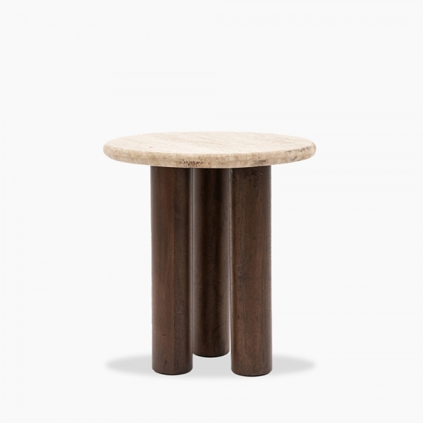 Inca Round Side Table, Dark Mango Wood & Travertine