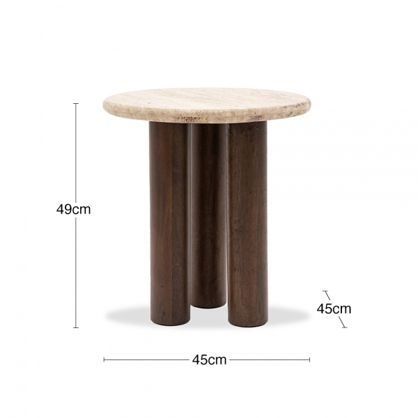 Inca Round Side Table, Dark Mango Wood & Travertine