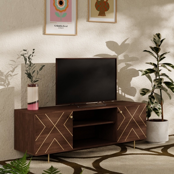 Jude TV Stand, Dark Mango Wood & Brass