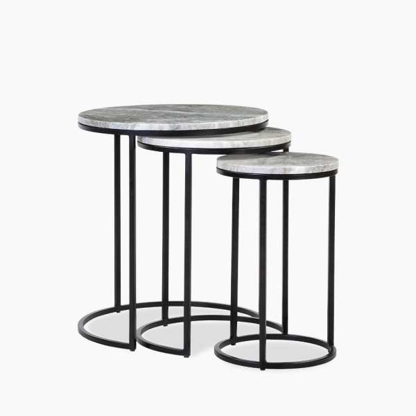 Madison Set of 3 Nesting Side Tables, Grey Marble & Black