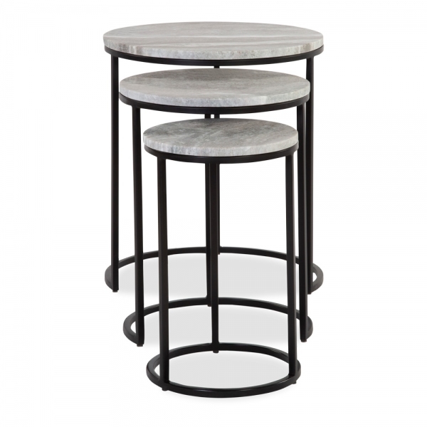 Madison Set of 3 Nesting Side Tables, Grey Marble & Black