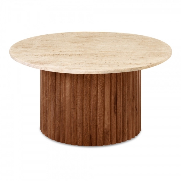 Medby Round Coffee Table, Dark Mango Wood & Travertine