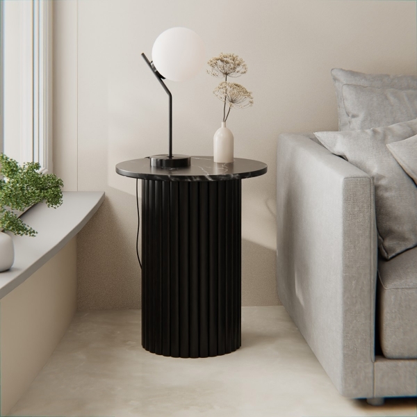 Medby Round Side Table, Black Mango Wood & Black Marble