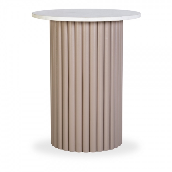 Medby Round Side Table, Taupe Mango Wood & White Marble