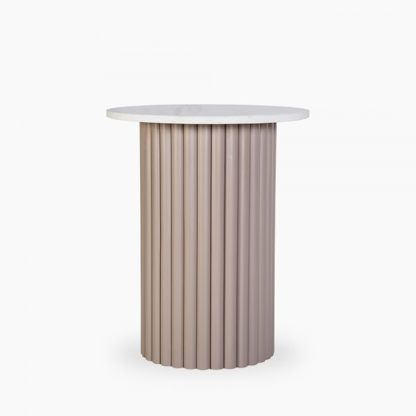 Medby Round Side Table, Taupe Mango Wood & White Marble