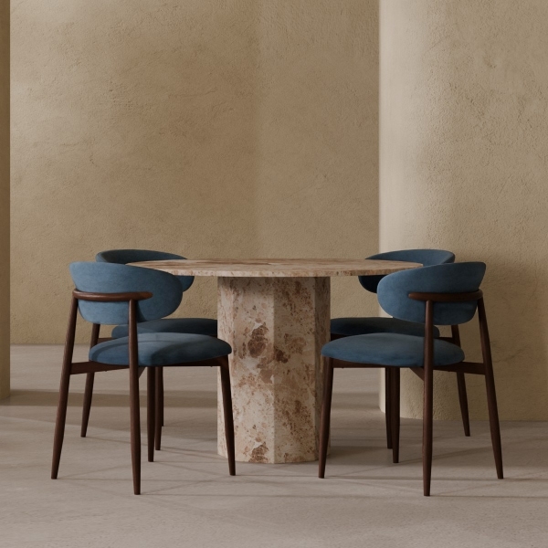 Naxos & Halston 4 Chair Dining Set, Latte Marble & Dust Blue Sustainable Velvet