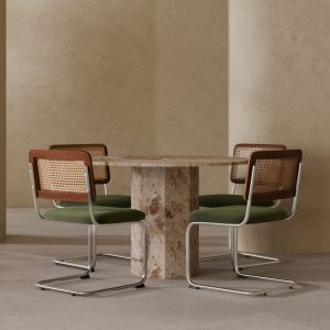 Naxos & Kenton 4 Chair Dining Set, Latte Marble & Olive Green Sustainable Velvet