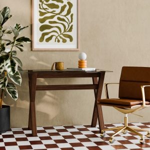 Nyra Office Desk, Glass & Walnut