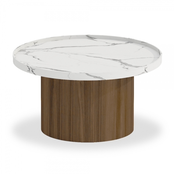 Raya Round Coffee Table, White Marble Effect & Walnut