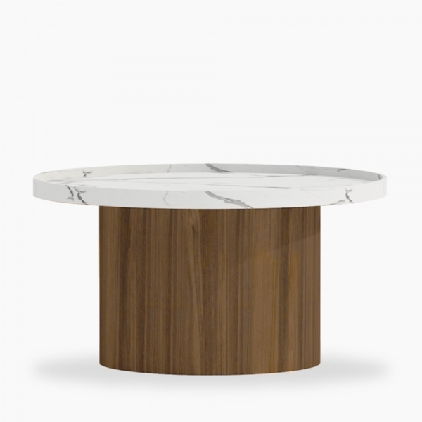 Raya Round Coffee Table, White Marble Effect & Walnut