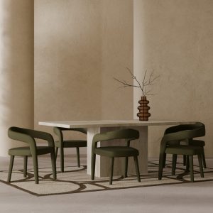 Toulouse & Ophelia 6 Chair Dining Set, Travertine & Moss Green Sustainable Mohair Velvet