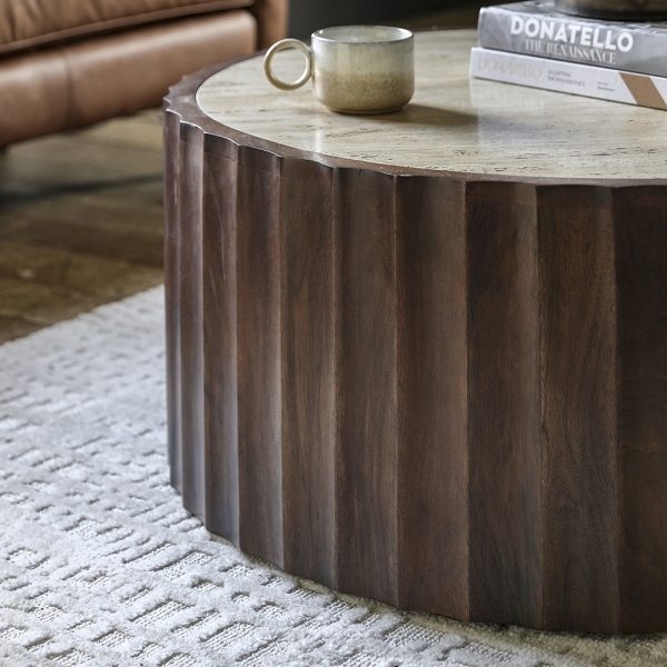 Watton Round Coffee Table, Dark Mango Wood & Travertine