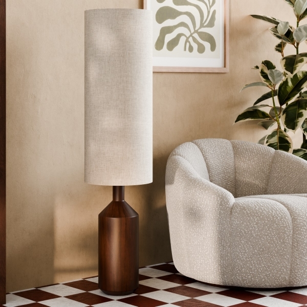 Wynter Floor Lamp, White Linen & Walnut